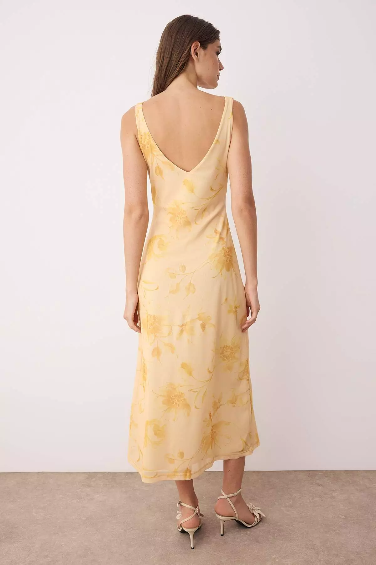 Light Yellow Fitted Abstract Bow Maxi Tulle Stretch Knit Dress Twoss25El00361