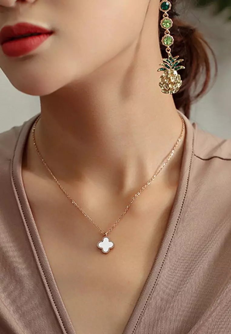 Adele Four-Leaf Clover Necklace + Stud Earrings + Rings Jewellery Set in White