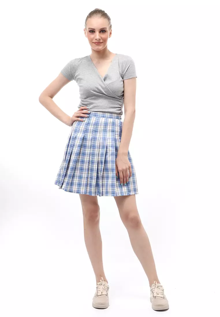 Rok Midi Wanita Motif Tartan Rubbery Waist Design Simple - Blue