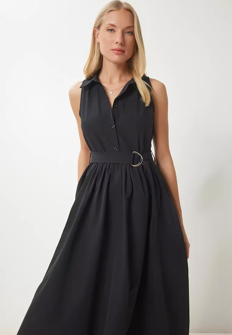 Women's Black Belted Poplin Midi Shirt Dress Ub00354