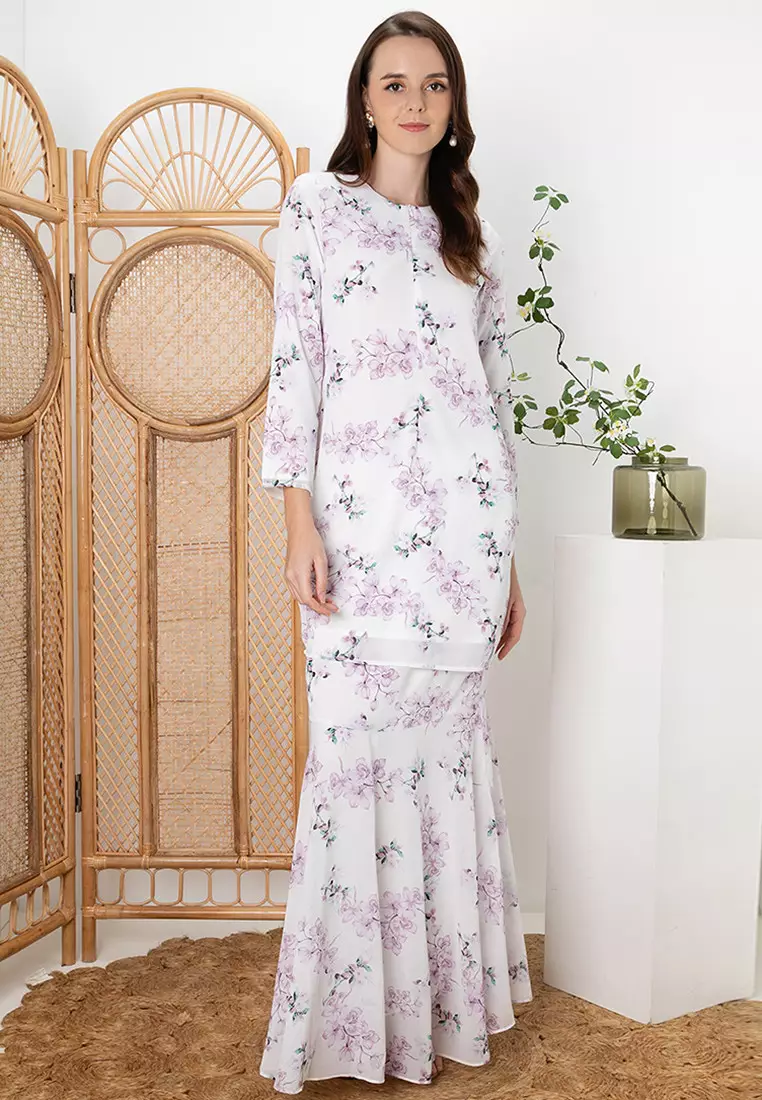 ARIEL Purple Orchid Baju Kurung Moden Princess Kain Kembang Payung in White Base