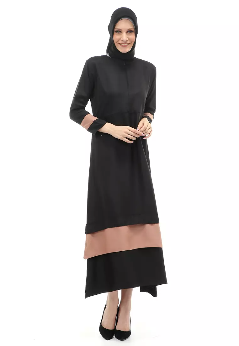 Aurel Dress Maxi Muslimah Wanita Polos Dual Tone Color Regular Fit - Black Mocca