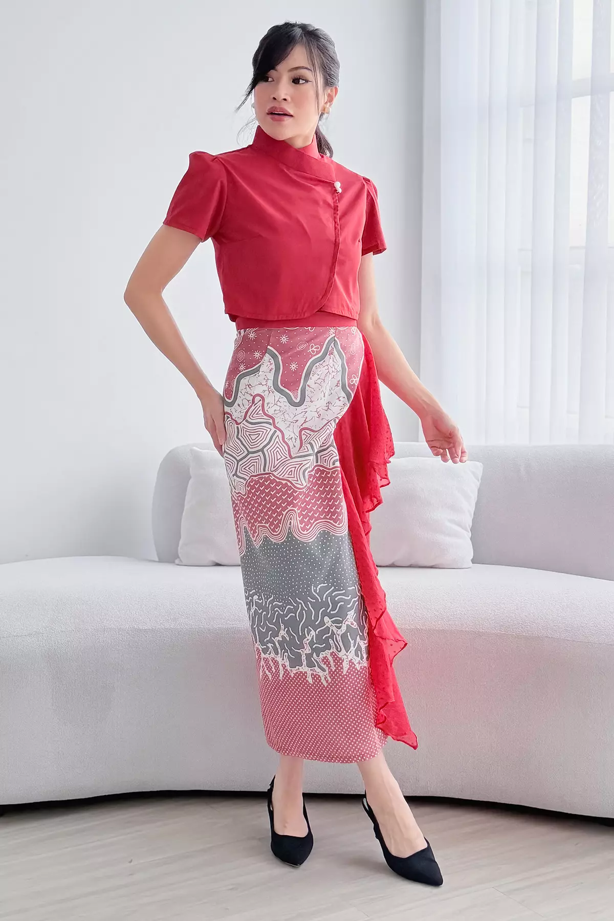 Andhika Frills Batik Arunika Rouge Wrap Skirt Red Tulle Sarong Rok Lilit Batik