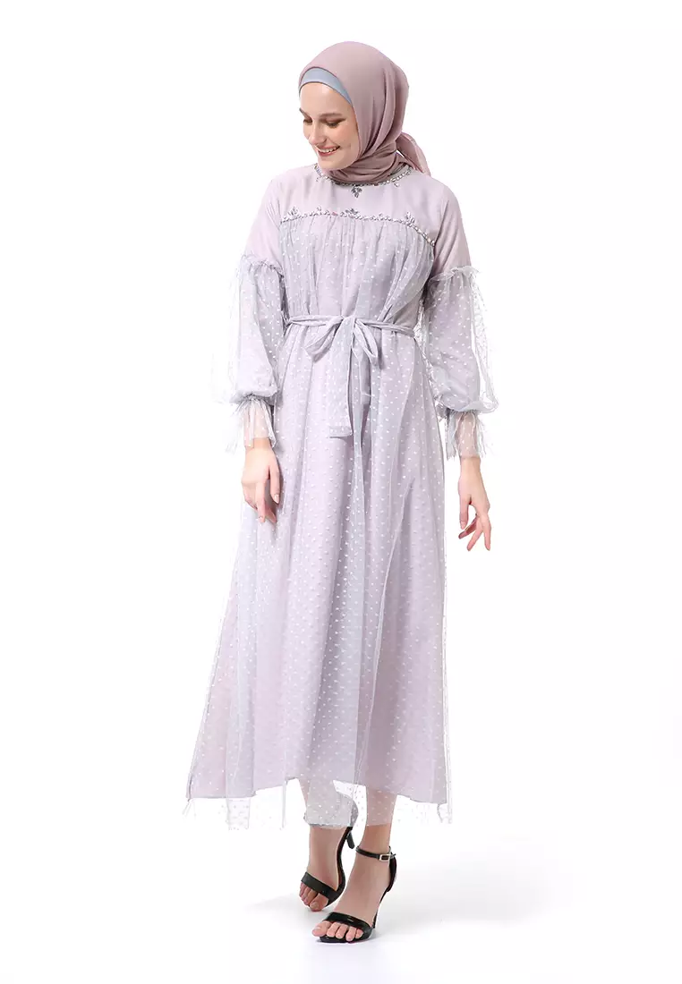 Varsha Dress Wanita Long Sleeve Motif Polos Polkadot High Quality - Silver Mauve