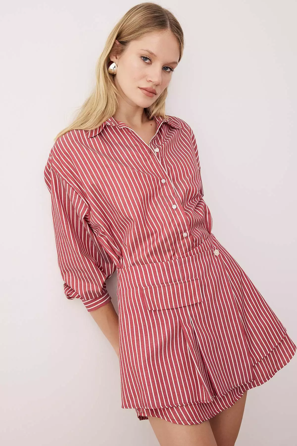 Limited Edition Burgundy Striped Shirt Detailed Mini Woven Dress