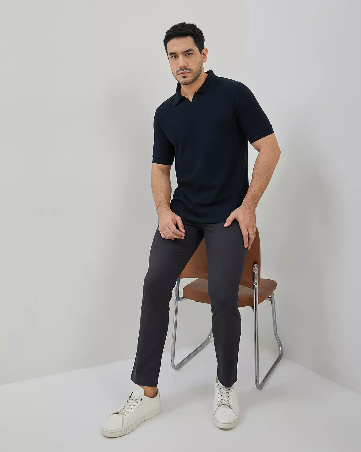 MEN'S BLUE WAFFLE V-NECK POLO SHIRT