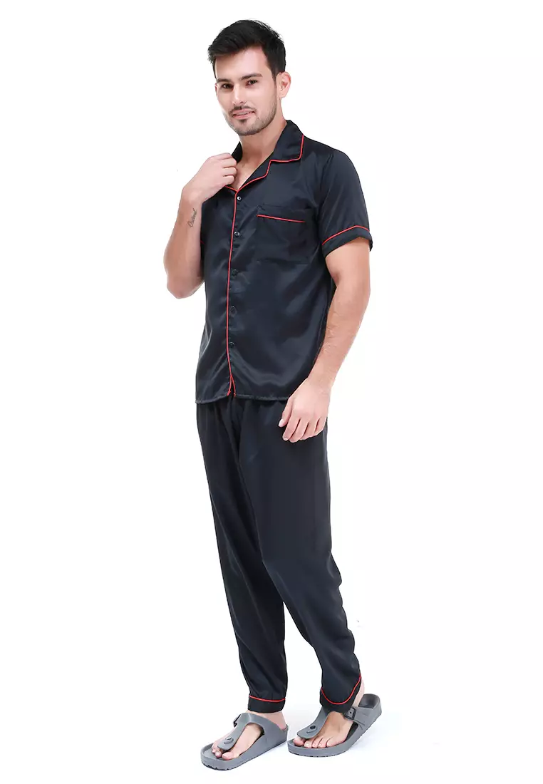 Klicin Setelan Baju Tidur Pendek Piyama Pria Plain One Set Sleepwear Pajamas Material Satin ORIGINAL