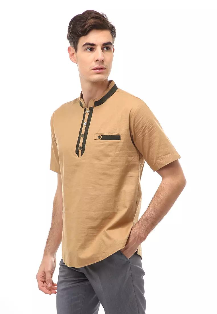 Dwan Atasan Formal Pria Kemeja Koko Motif List Kancing Short Sleeve Material Cotton ORIGINAL - Cream