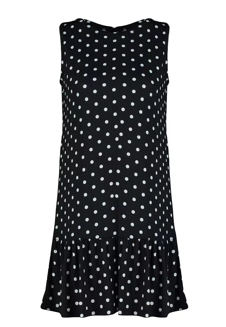 Black Polka Dot Printed Zero Sleeve Flounce Shift/Plain Mini Elastic Knitted Dress