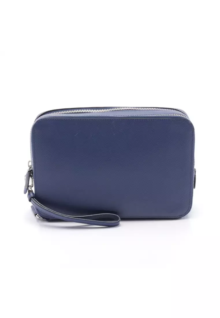 Prada Azzurro Saffiano Leather Wristlet Clutch Bag