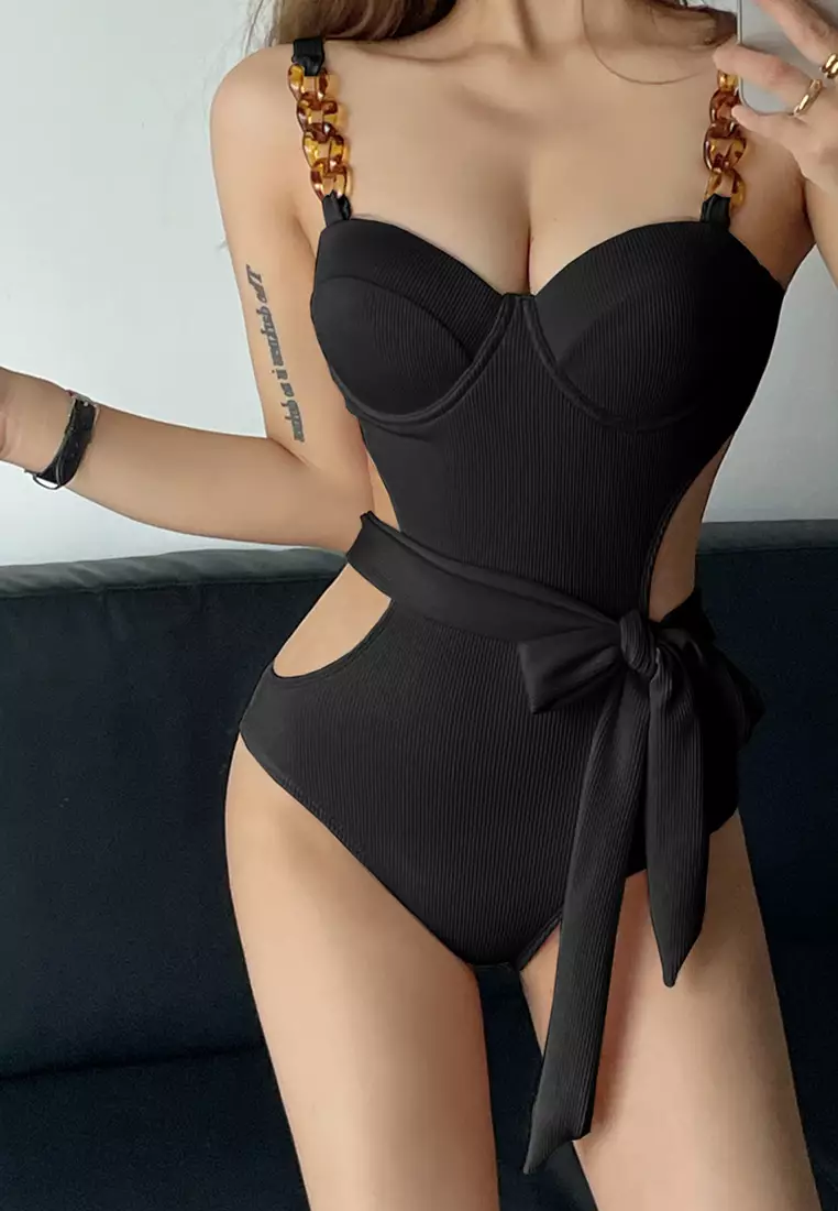 Korean sling resort one-piece swimsuit  CA24032109BK
