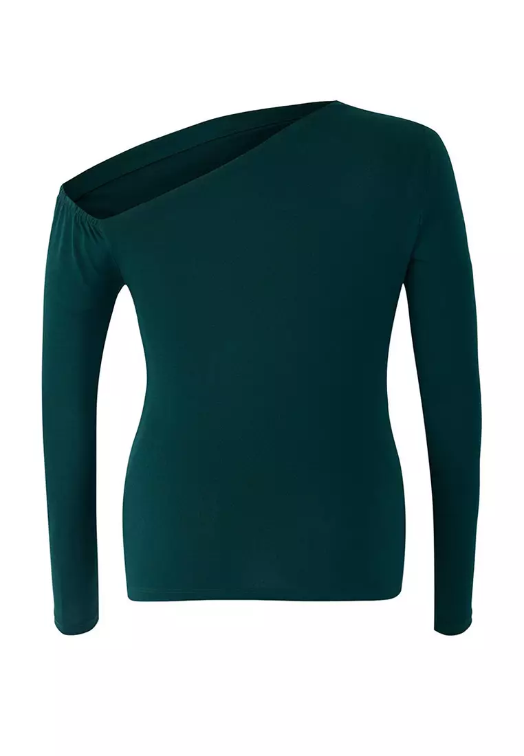 Emerald Green Gathered One Shoulder Knitted Plus Size Blouse Tbbaw25Af00013
