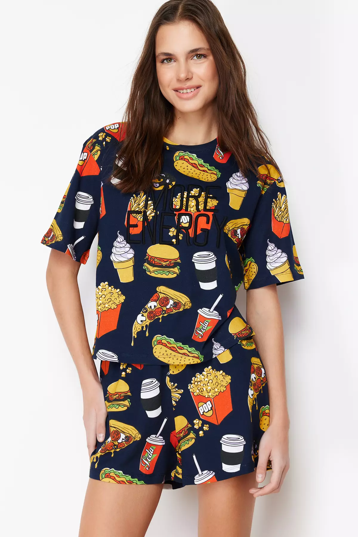 Navy Blue-Multi Colorful Slogan Embroidered Knitted Pajama Set With Shorts