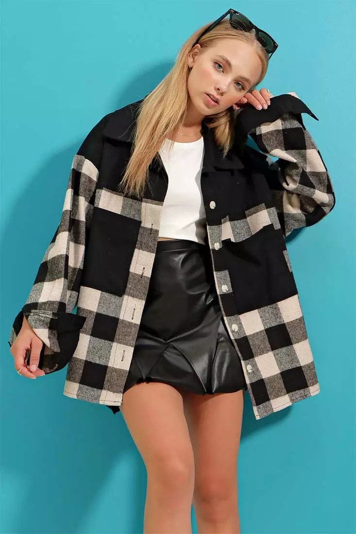Black Checkered Cachet Cotton Oversized Blocky Safari Jacket Shirt