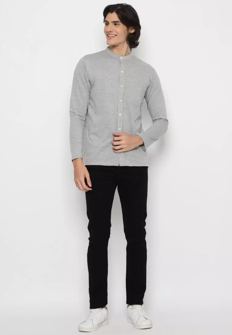 MATSUDA Kemeja Pria Polos Kerah Shanghai Lengan Panjang Katun Koshigaya