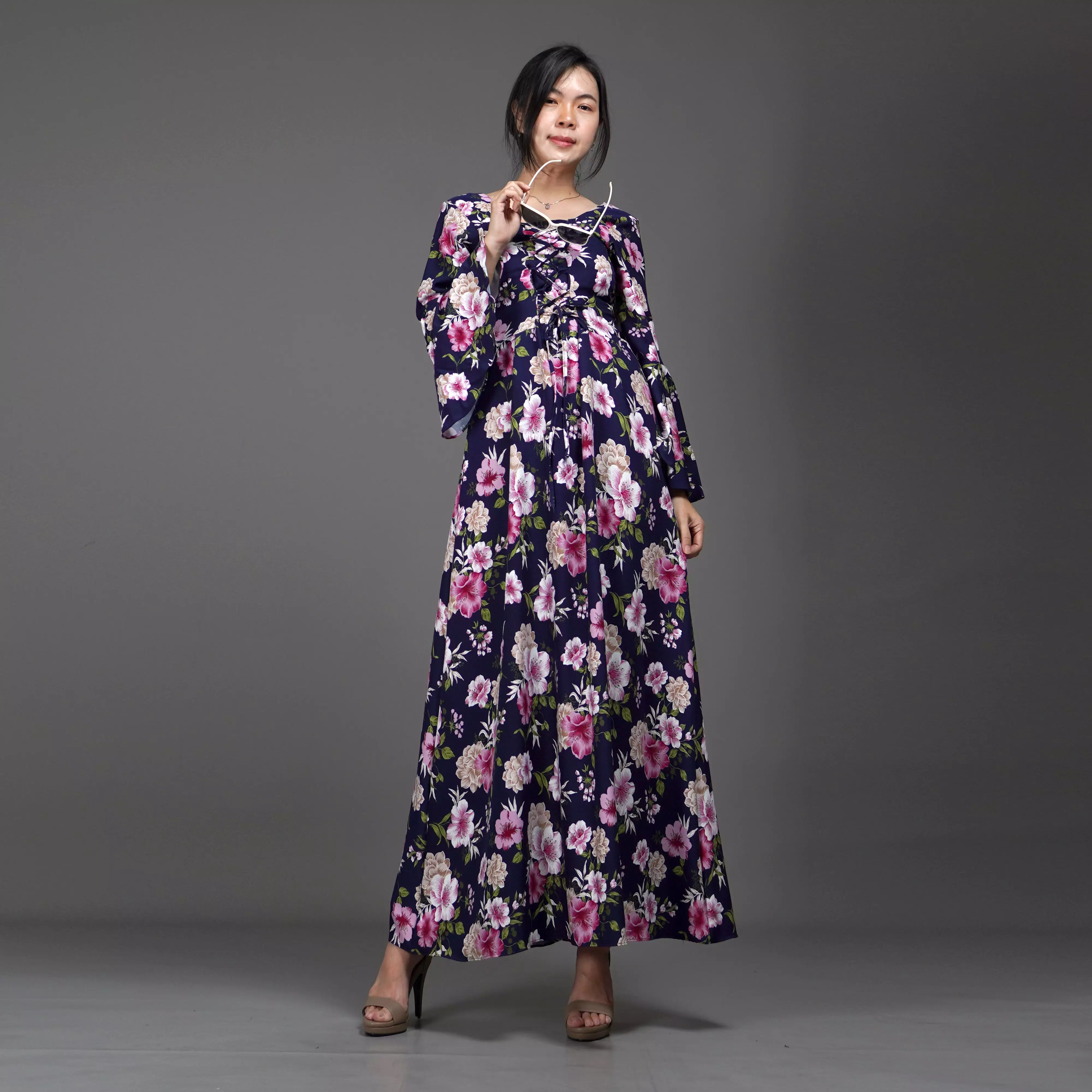 CLOVERIA Long Dress Motif Bunga Gaya Korea Dress Wanita Korean Style - Navy