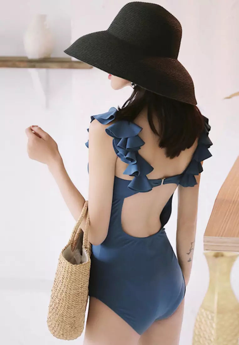 新款荷葉吊帶露背連身泳衣 CA060705BL