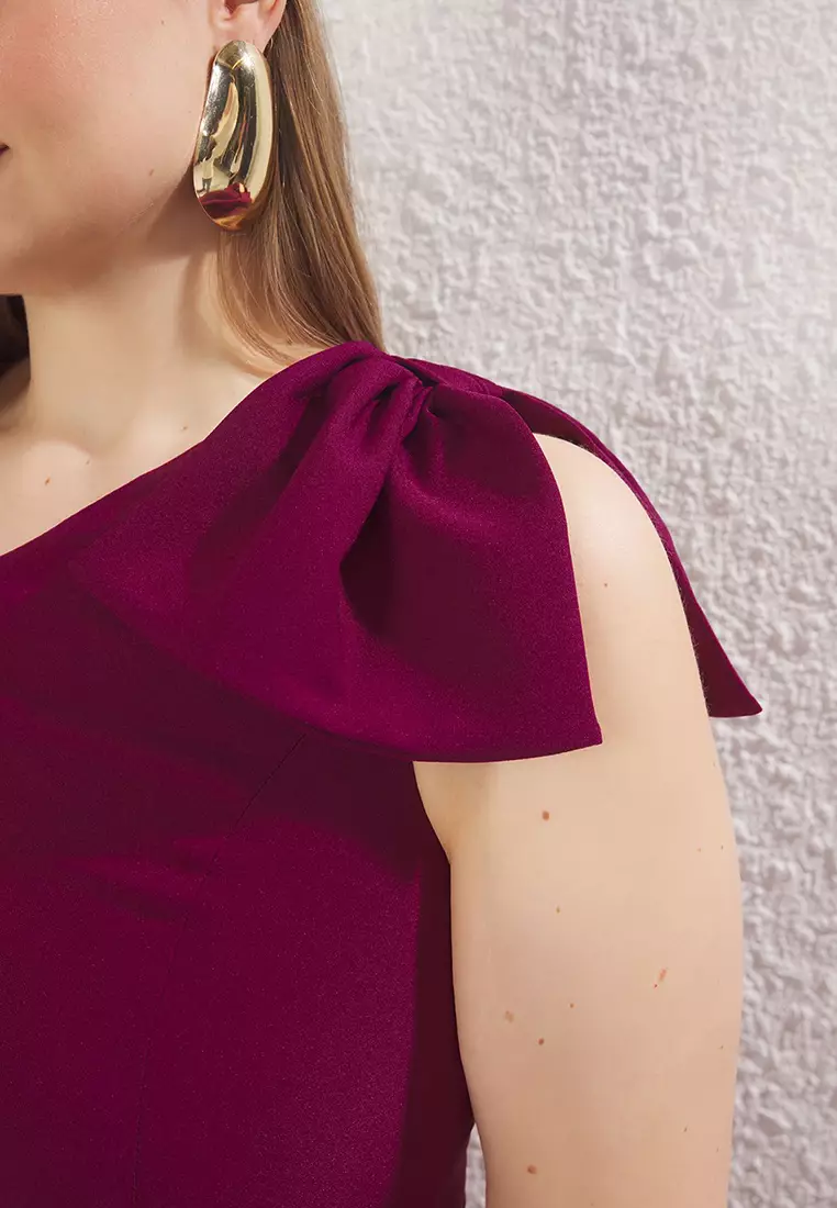 Plum One Shoulder Midi Woven Plus Size Dress With Ribbon