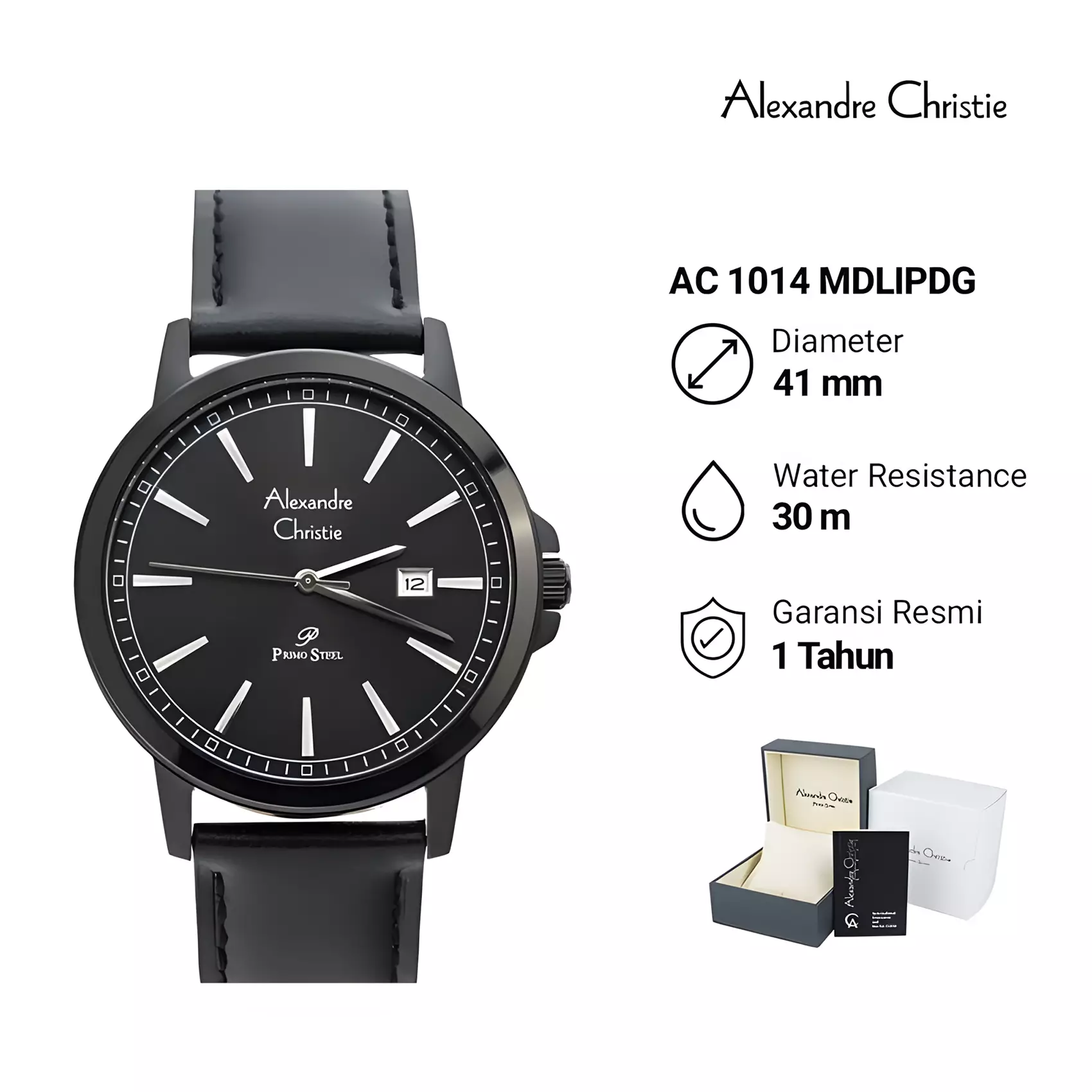 Alexandre Christie Primo Steel - Jam Tangan Couple Analog Pria Wanita - All Black - Leather Strap - 1014 MLDLIPDG
