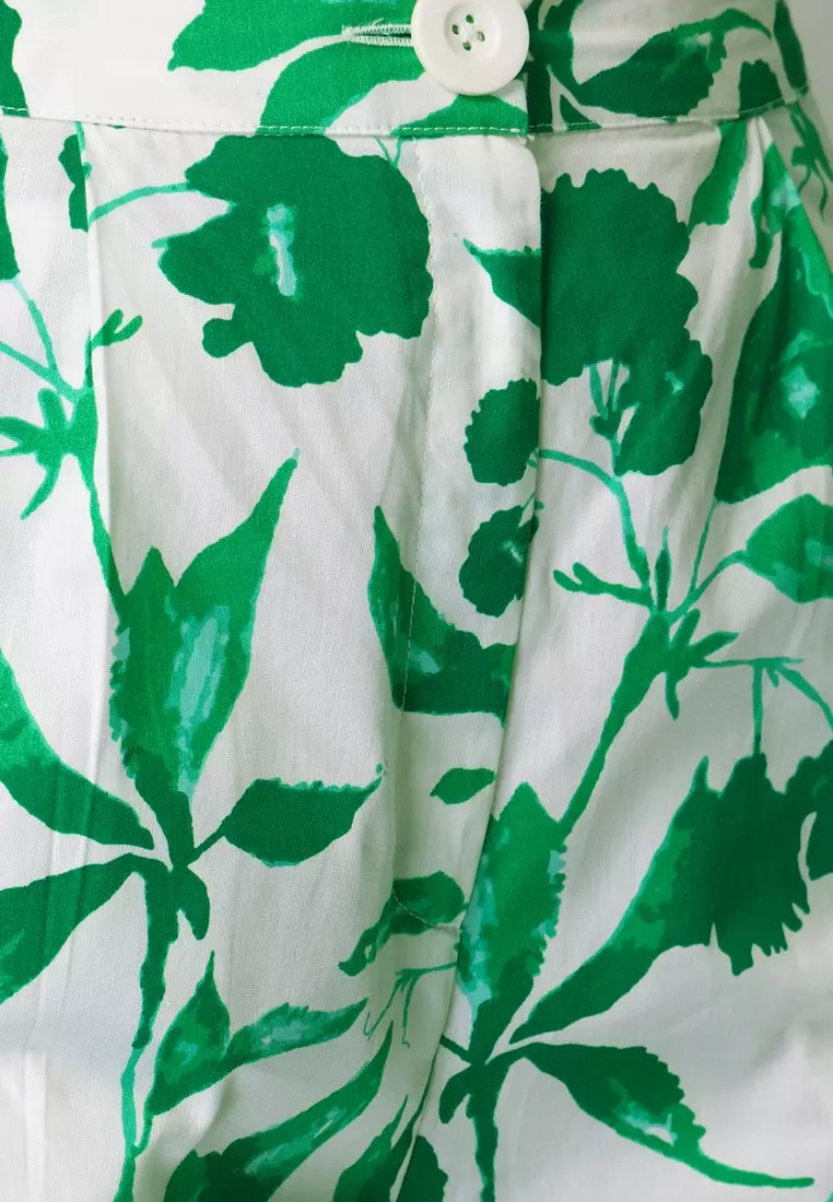 White And Green Floral Print Cotton Top And Pants Co-ord Set