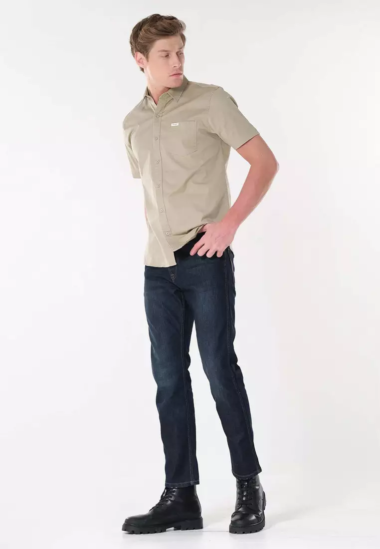 Button Down Short Sleeve Polo for Men in Light Khaki Color