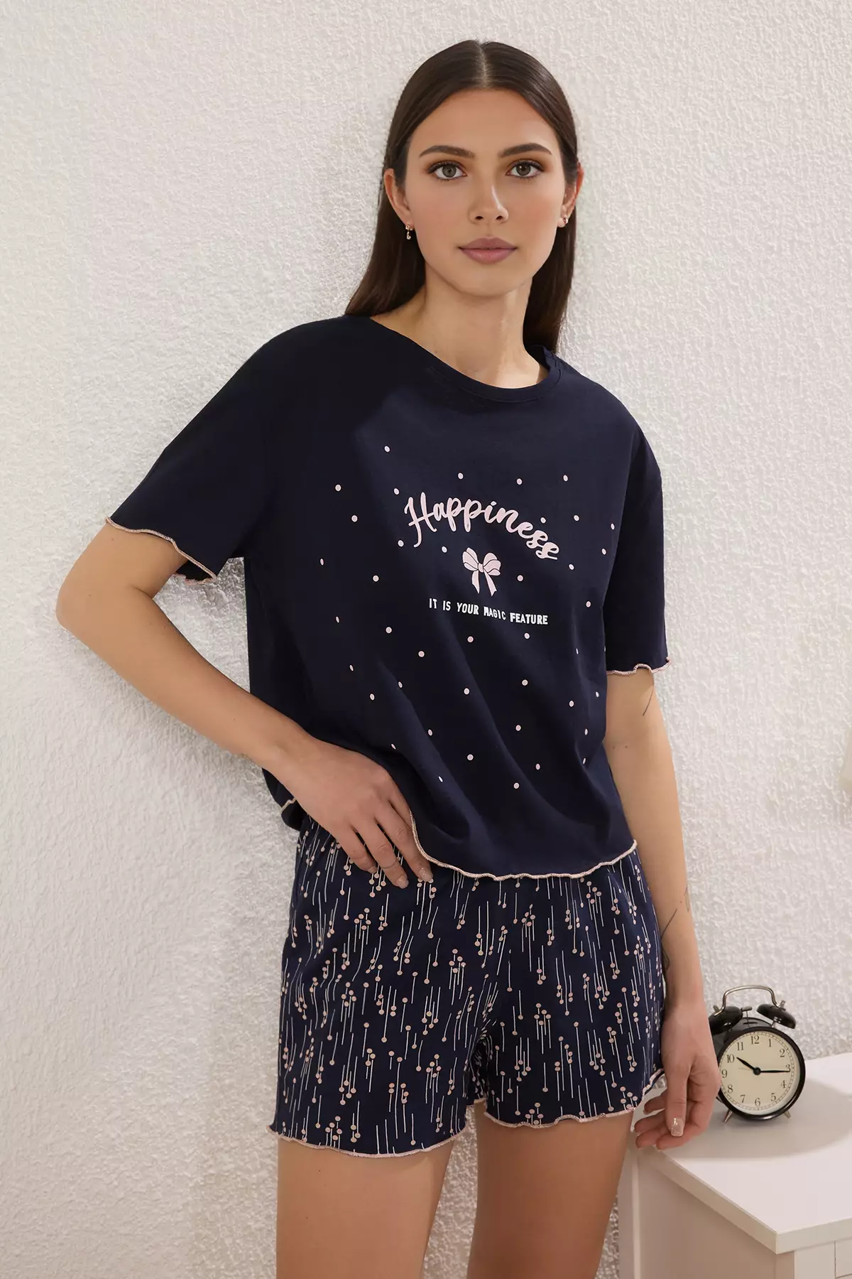 Navy Blue 100% Cotton Slogan and Polka Dot Baby Overlock Shorts Knitted Pajama Set THMSS25PT00392