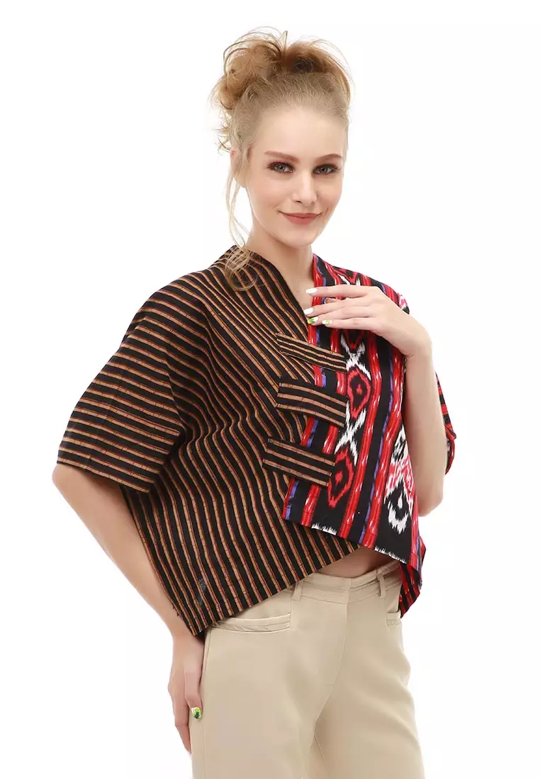 Lynelle Atasan Formal Wanita Blouse Crop Top Batik Songket Material Cotton ORIGINAL - Red