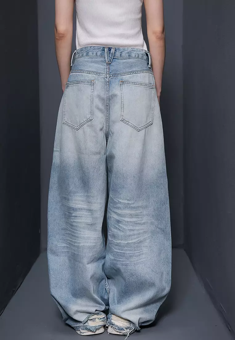 Vintage Wash Distressed Wide-Leg Jeans