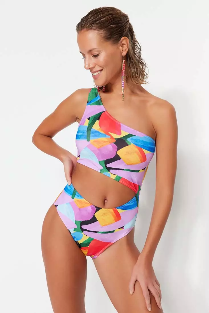 Abstract Pattern One-Shoulder Swimsuit with Cut Out/Windowed Regular Leg