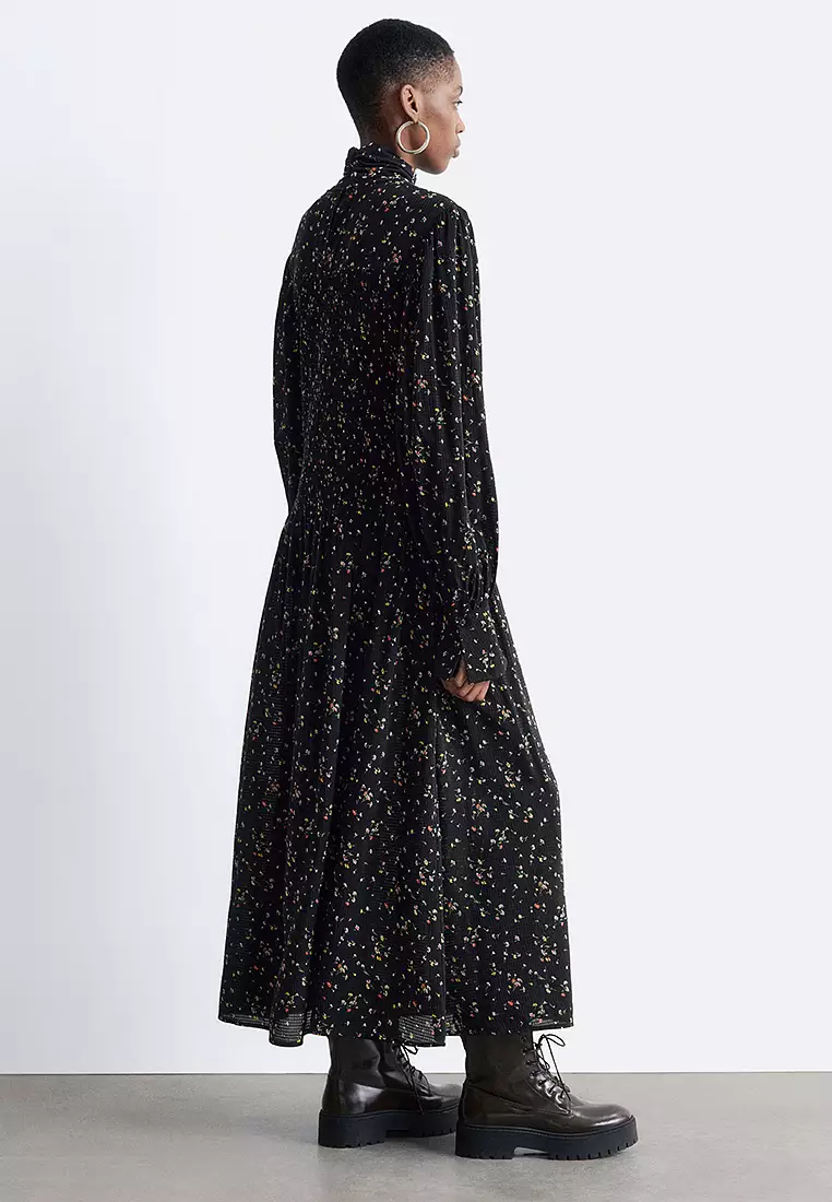 Smocked Balloon-Sleeve Midi Dress