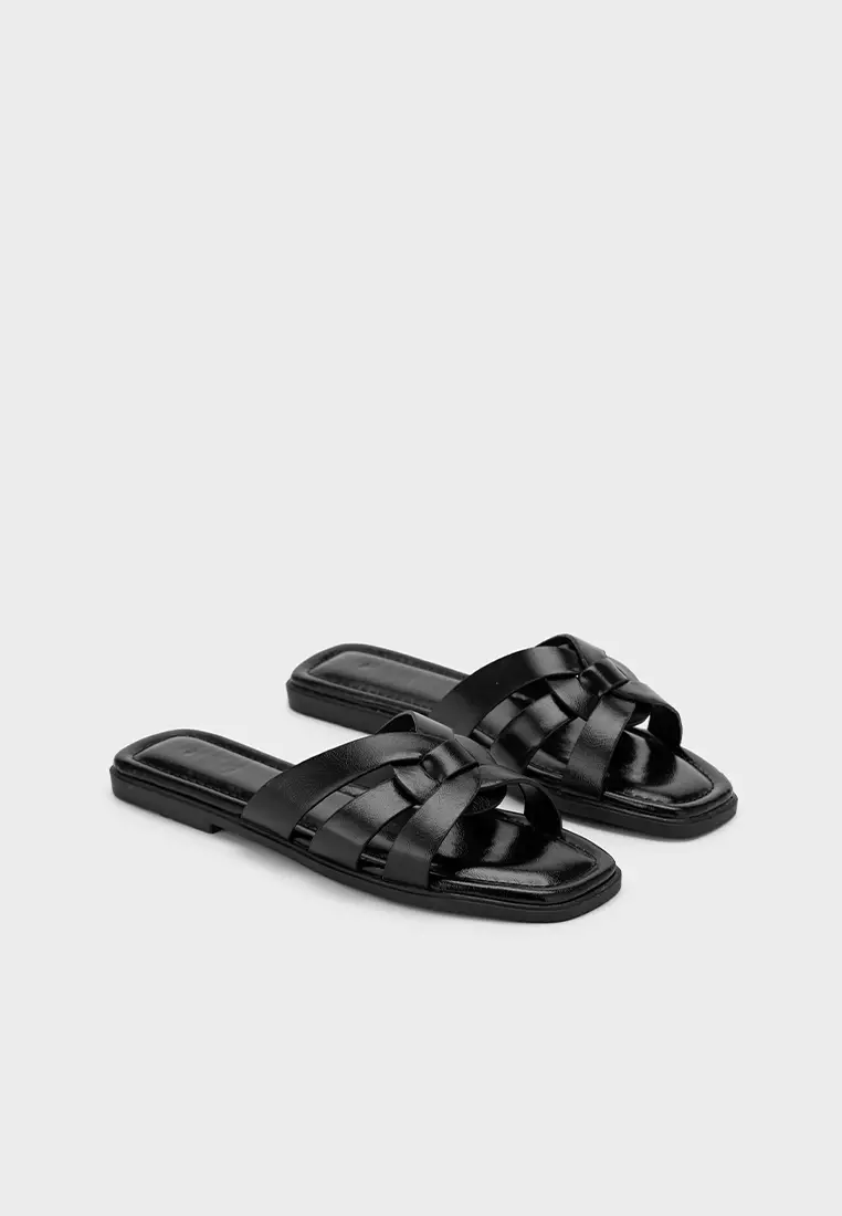 编织带方头平底拖鞋