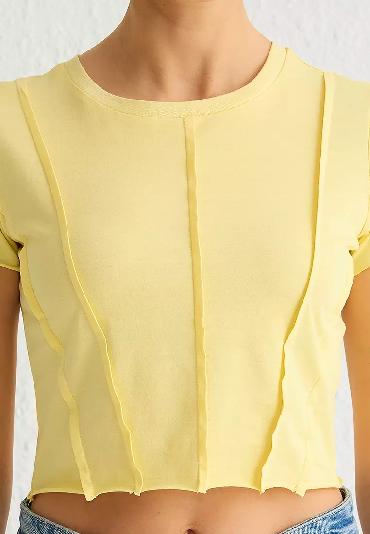 Yellow Ribbed Fitted/Fits Crop Knit T-Shirt