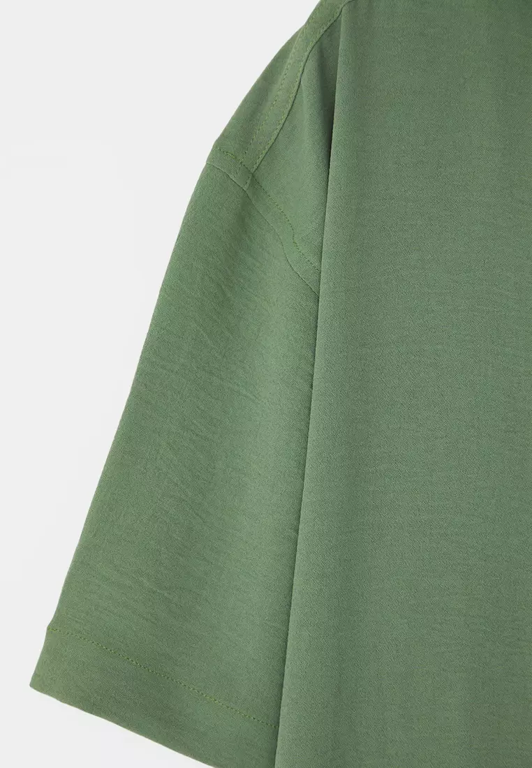Khaki Oversize Fit Summer Short Sleeve Linen Look Shirt TMNSS24GO00019