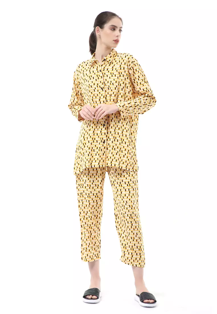 Nayra One Set Setelan Kemeja Wanita Lengan Panjang Printed Motive Full Kancing Material Rayon ORIGINAL - Yellow