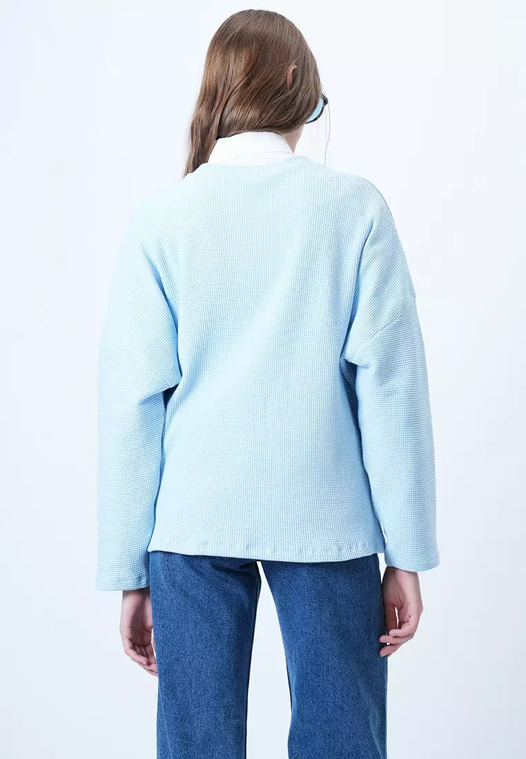 Blue Crew Neck Bat Sleeve Wide Cut Basic Blouse Alc-X14391
