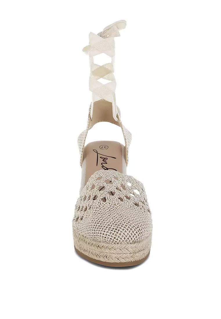 Beige Woven Lace-Up Espadrille Wedges