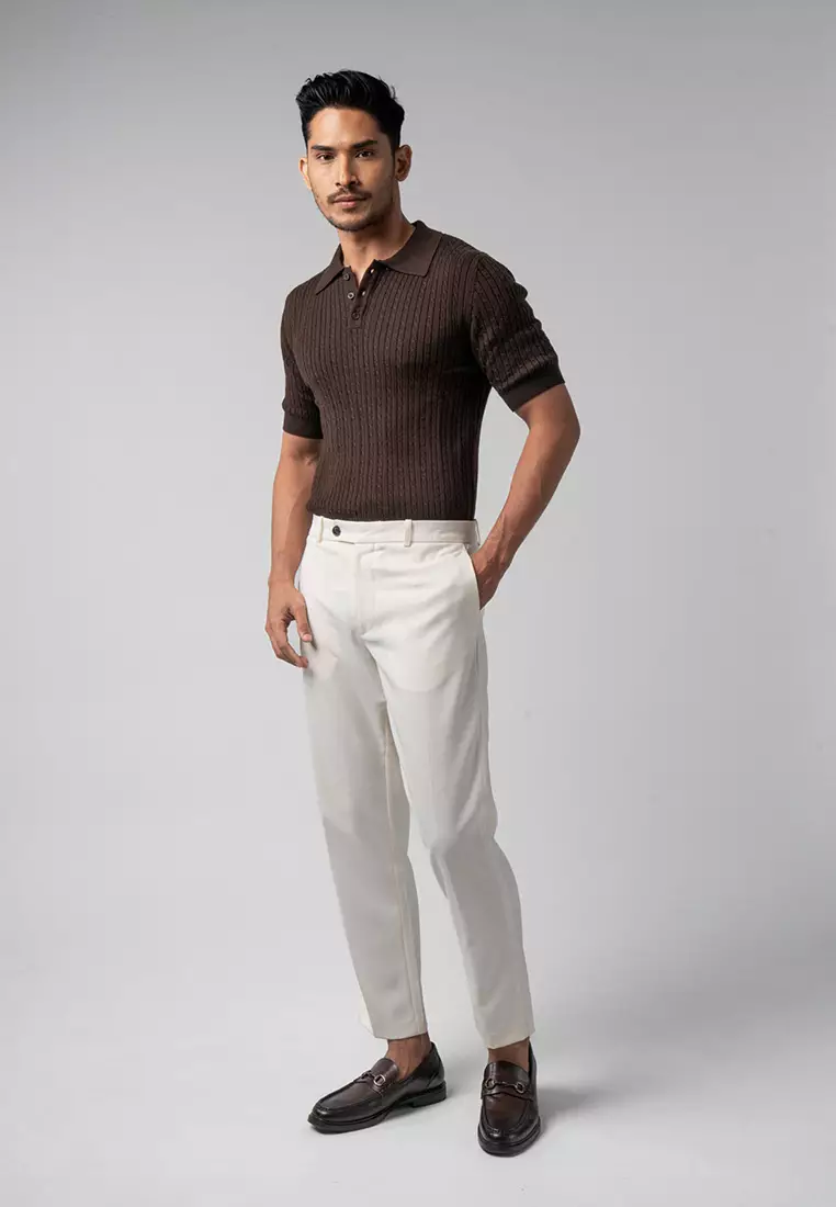 Mens Cable Knit Cotton Polo Dark Brown