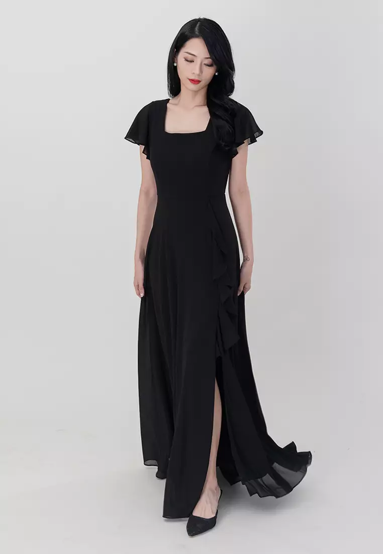 方领雪纺长裙开衩连衣裙