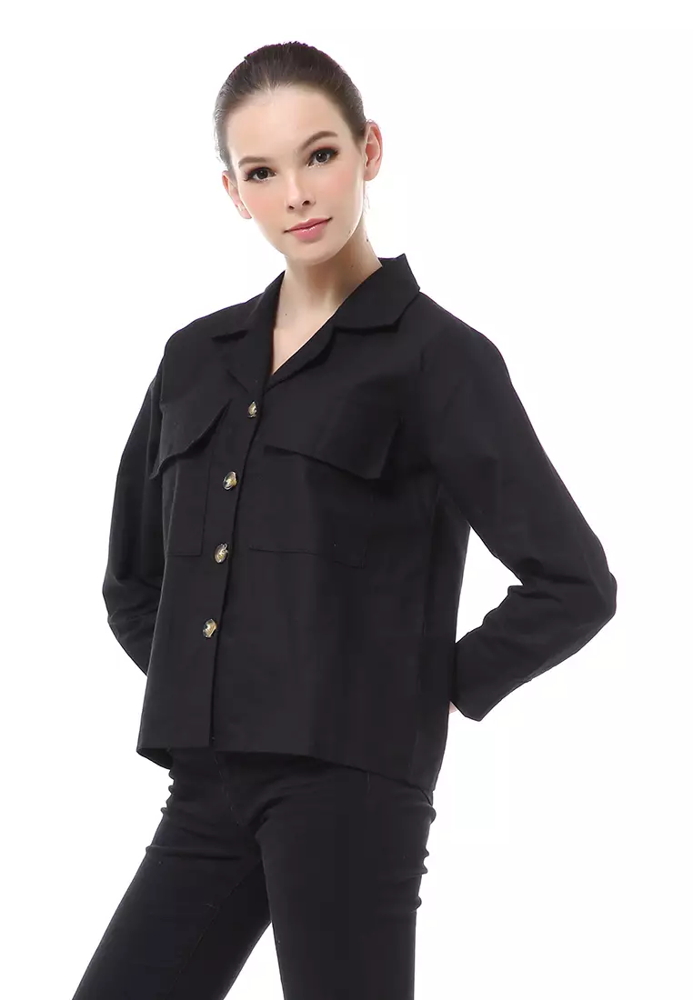 Brielle Atasan Wanita Kemeja Pocket Plain Motive Lengan Panjang Material Linen ORIGINAL - Black
