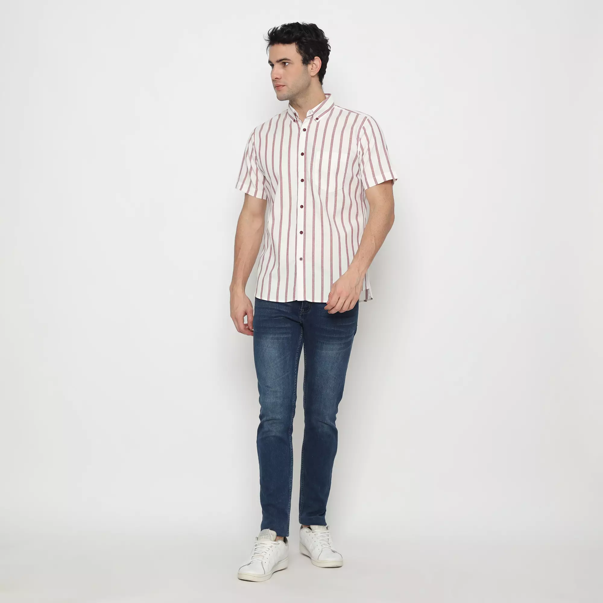 Platini Kemeja Motif Salur Pria Lengan Pendek Katun Oxford Maroon 73272