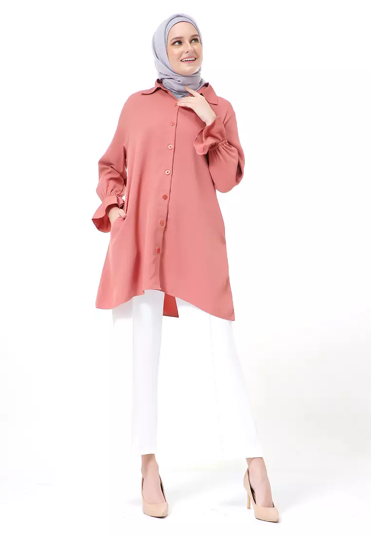 Aleina Blouse Muslimah Atasan Wanita Long Sleeve Premium High Quality - Salmon