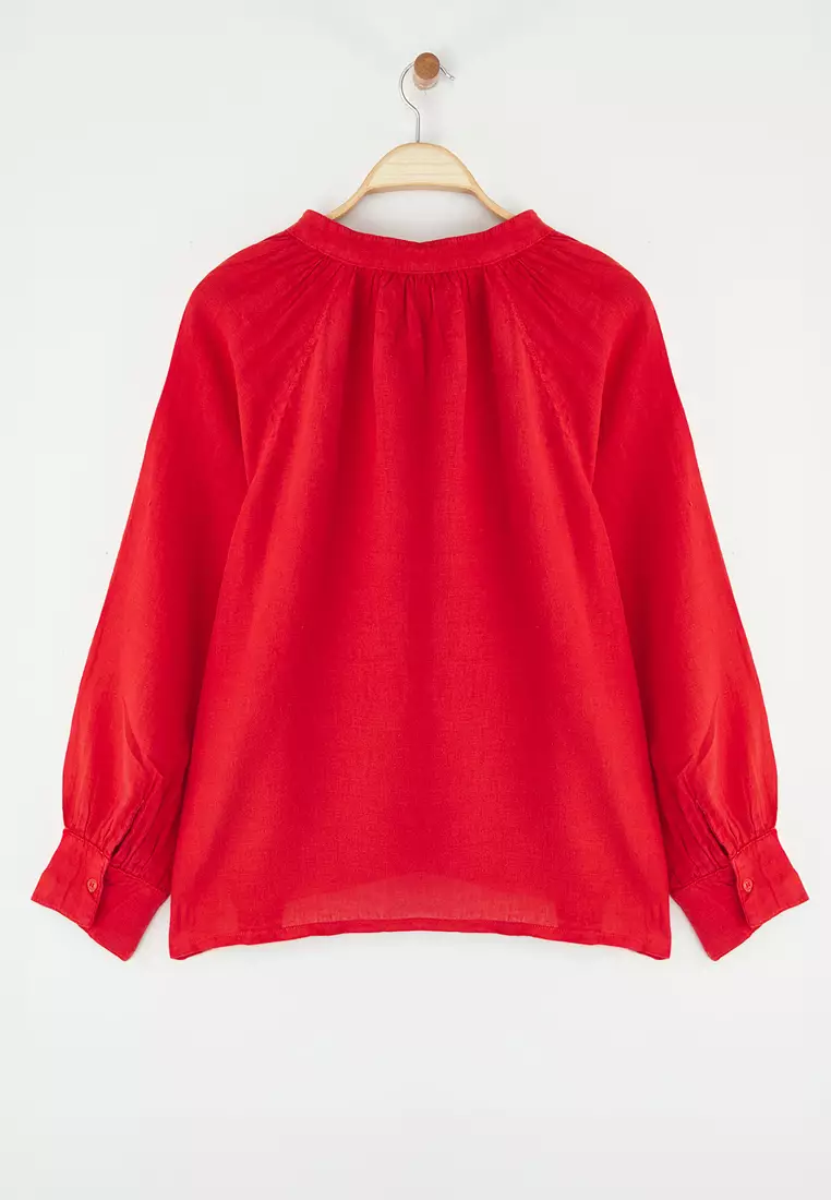 Red 100% Linen Judge Collar Shirt TWOSS25GO00134