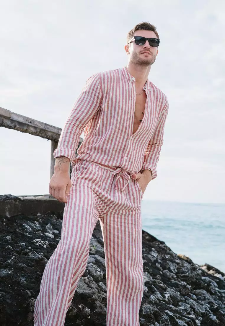 Splitz Celana Panjang Linen Pria Merah Garis | Linen Baggy Pants Men Striped Red