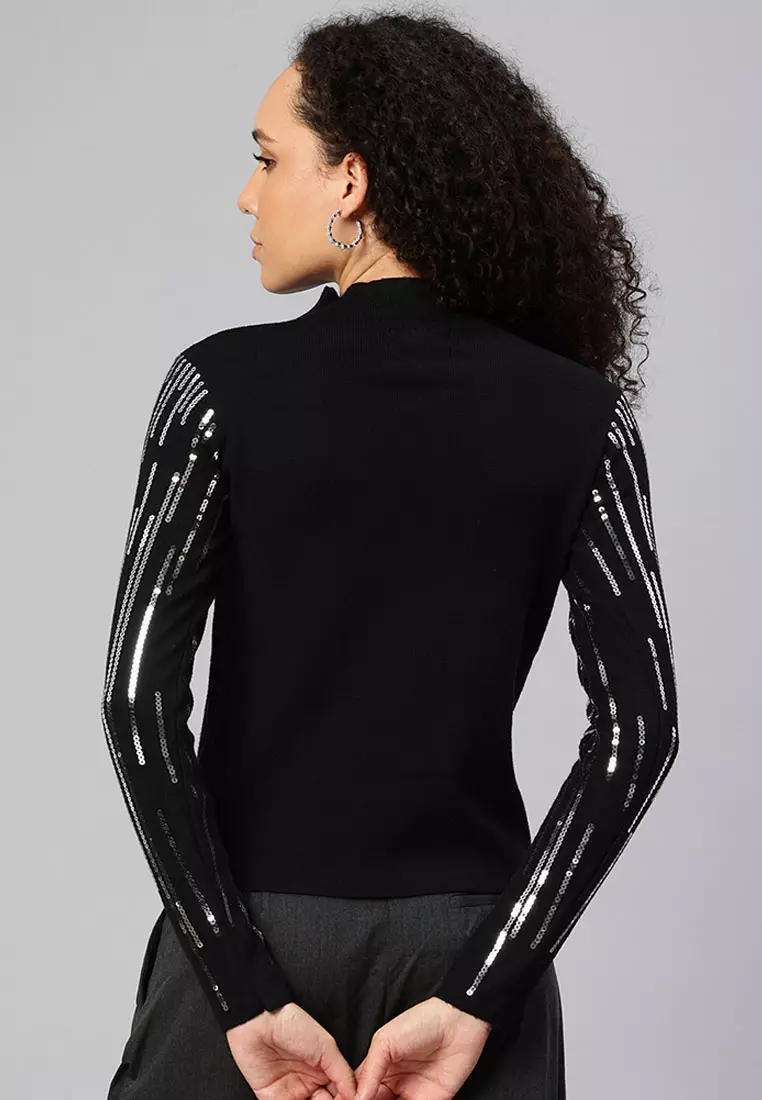 Sequin Detail Full Sleeves Top in Black