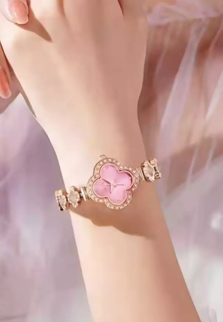 女士幸運四葉草不鏽鋼石英腕錶，鑲有水晶，金屬錶帶