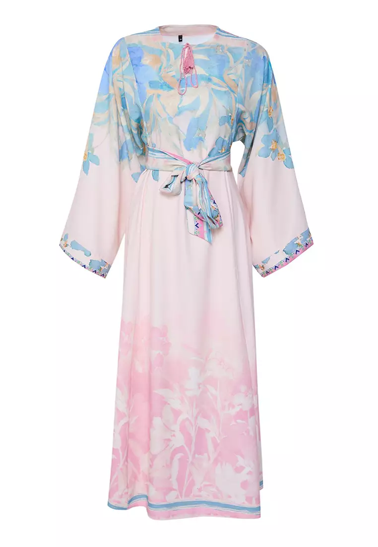 Powder Linen Look Spanish Sleeve Belted Patterned Woven Dress TCTSS25EB00033