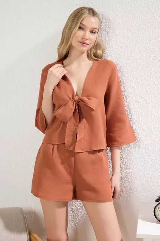 Cinnamon  Tie/Ribbon/Bow Detailed Woven Pajama Set With Muslin Shorts