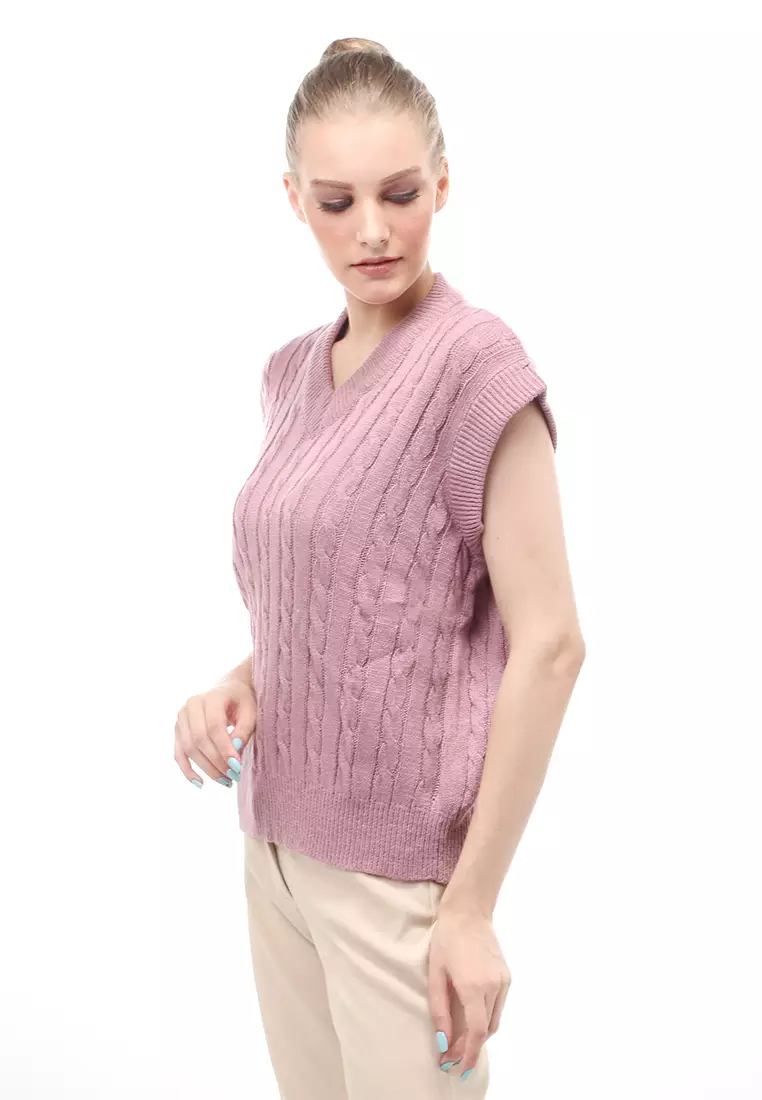 Urice Vest Rajut Atasan Wanita V-neck Sleeves Design Elegant - Lavender