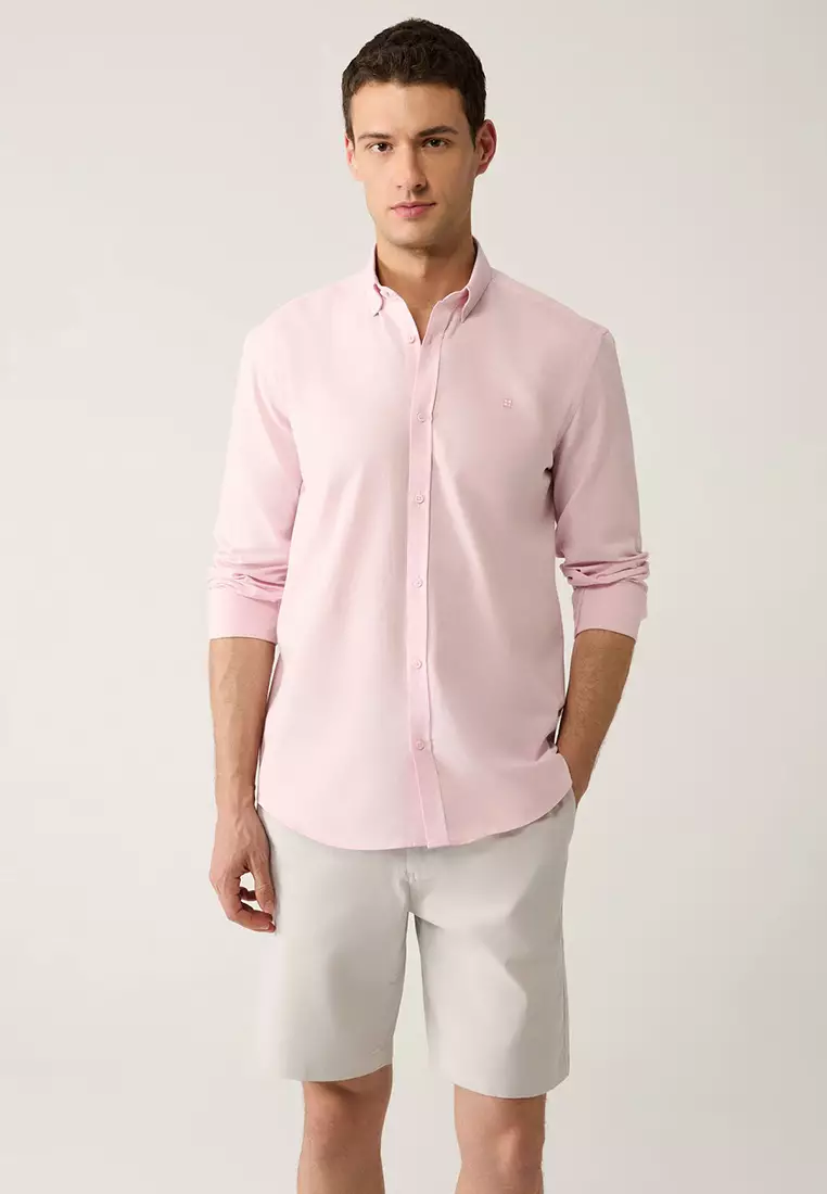 Men's Light Pink Button-Down Collar 100% Cotton Linen Textured Shirt E002141