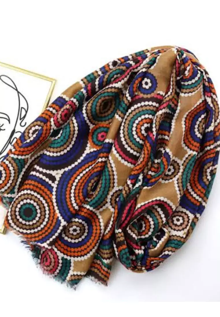Women's Accessories Circular Pattern  Viscose Shawl Syal Wanita Beige & Multi